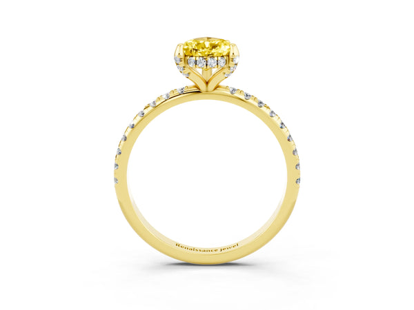 Yellow gold Pear Cut Yellow Sapphire Hidden Halo Engagement Ring with Round Pavé Band and Prong Setting