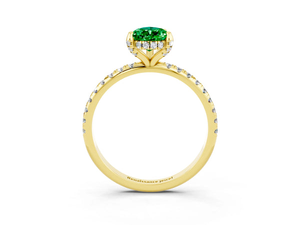 Yellow gold Pear Cut Emerald Hidden Halo Engagement Ring with Round Pavé Band and Prong Setting