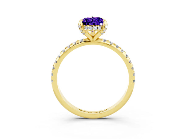 Yellow gold Pear Cut Tanzanite Hidden Halo Engagement Ring with Round Pavé Band and Prong Setting