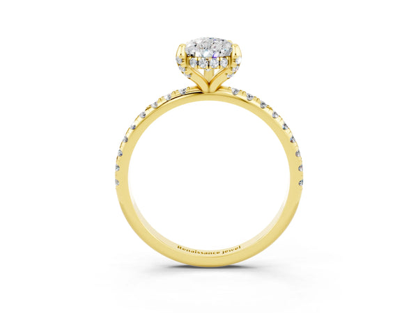 Yellow gold Pear Cut Moissanite Hidden Halo Engagement Ring with Round Pavé Band and Prong Setting
