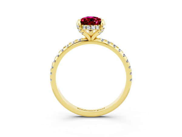 Yellow gold Pear Cut Garnet Hidden Halo Engagement Ring with Round Pavé Band and Prong Setting