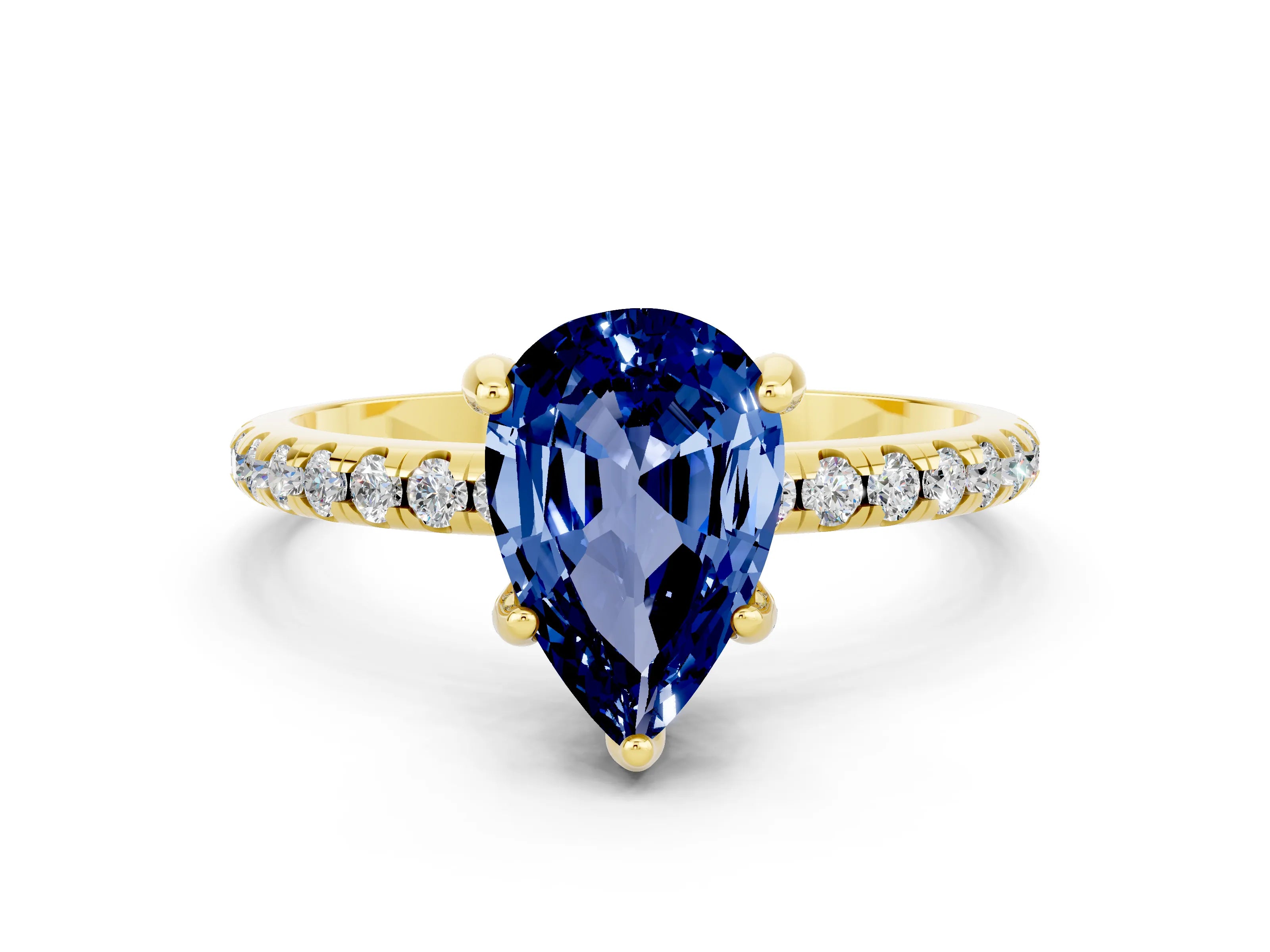 Yellow gold Pear Cut Diamond Solitaire Ring with Four-Prong Setting and Pavé Band