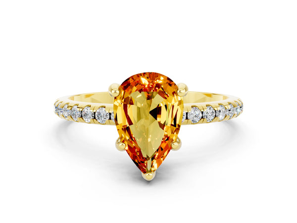 Yellow gold Pear Cut Citrine Hidden Halo Engagement Ring with Round Pavé Band and Prong Setting