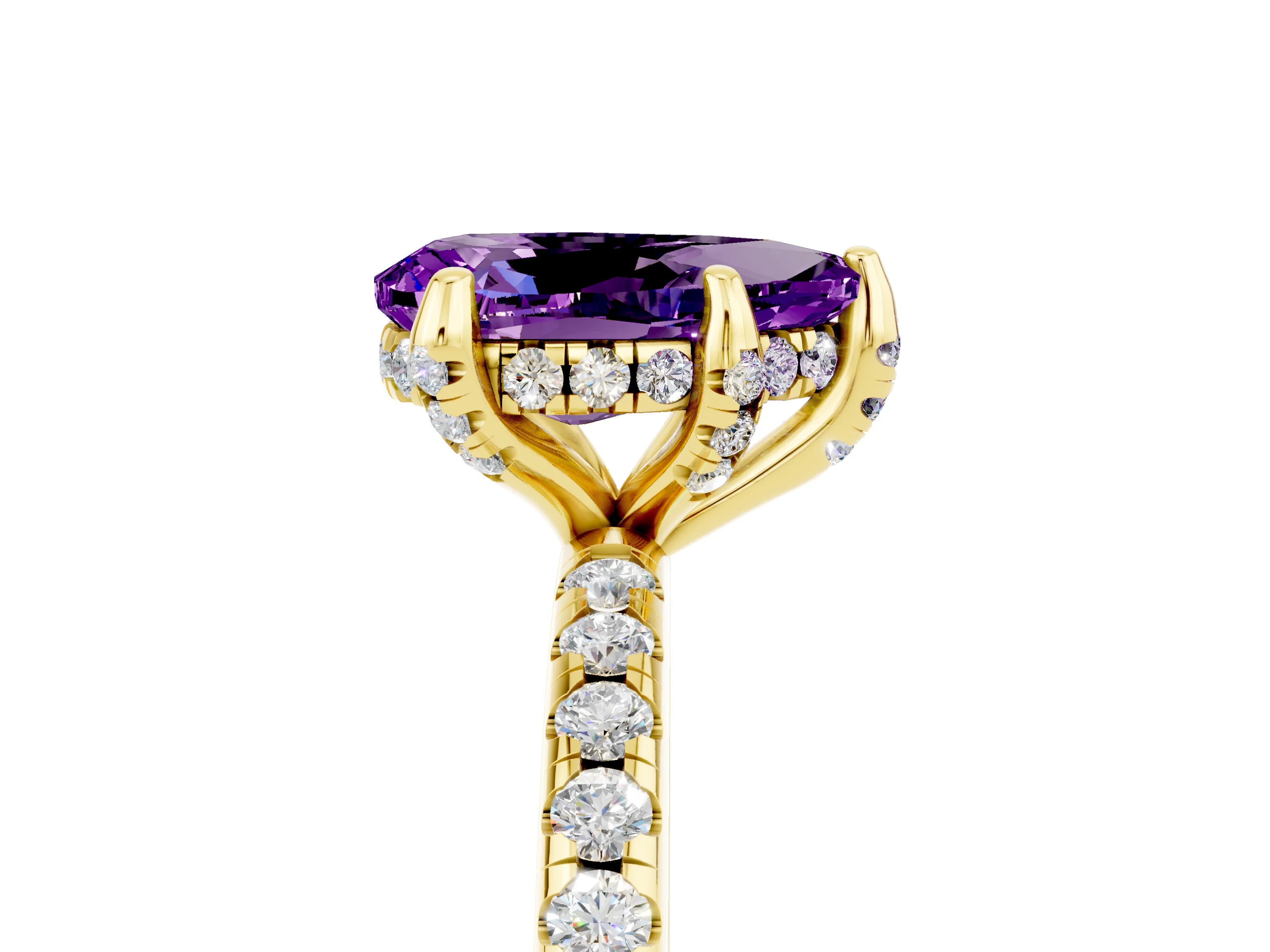 Yellow gold Pear Cut Diamond Solitaire Ring with Four-Prong Setting and Pavé Band_5