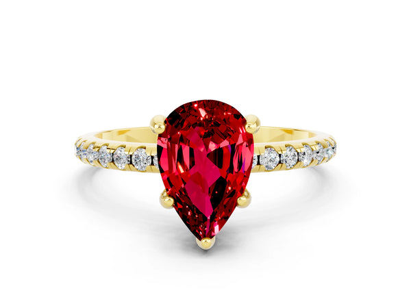 Yellow gold Pear Cut Diamond Solitaire Ring with Four-Prong Setting and Pavé Band
