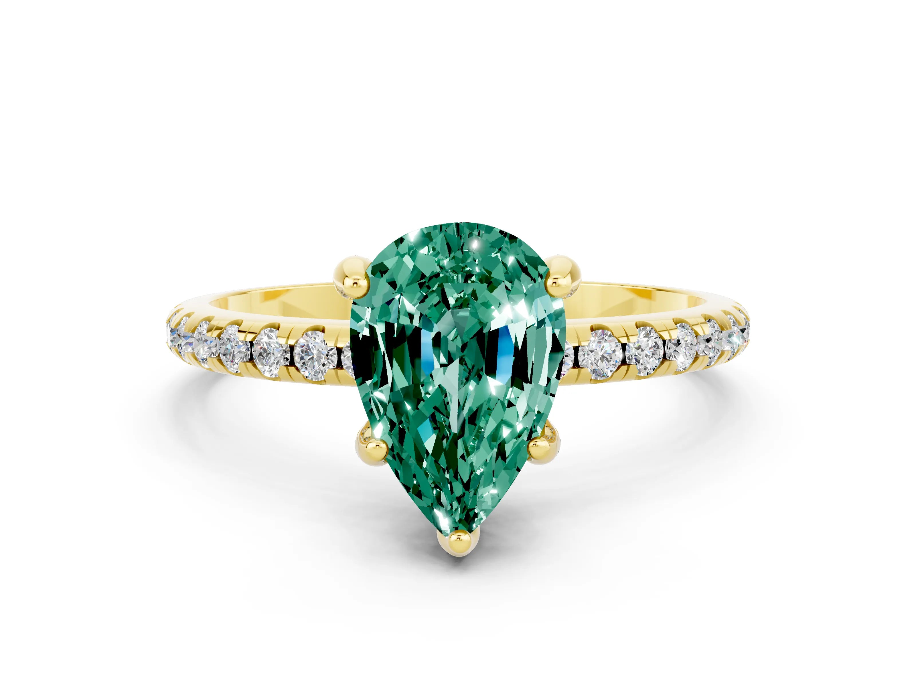 Yellow gold Pear Cut Diamond Solitaire Ring with Four-Prong Setting and Pavé Band