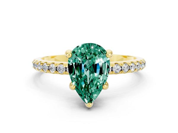 Yellow gold Pear Cut Green Sapphire Hidden Halo Engagement Ring with Round Pavé Band and Prong Setting