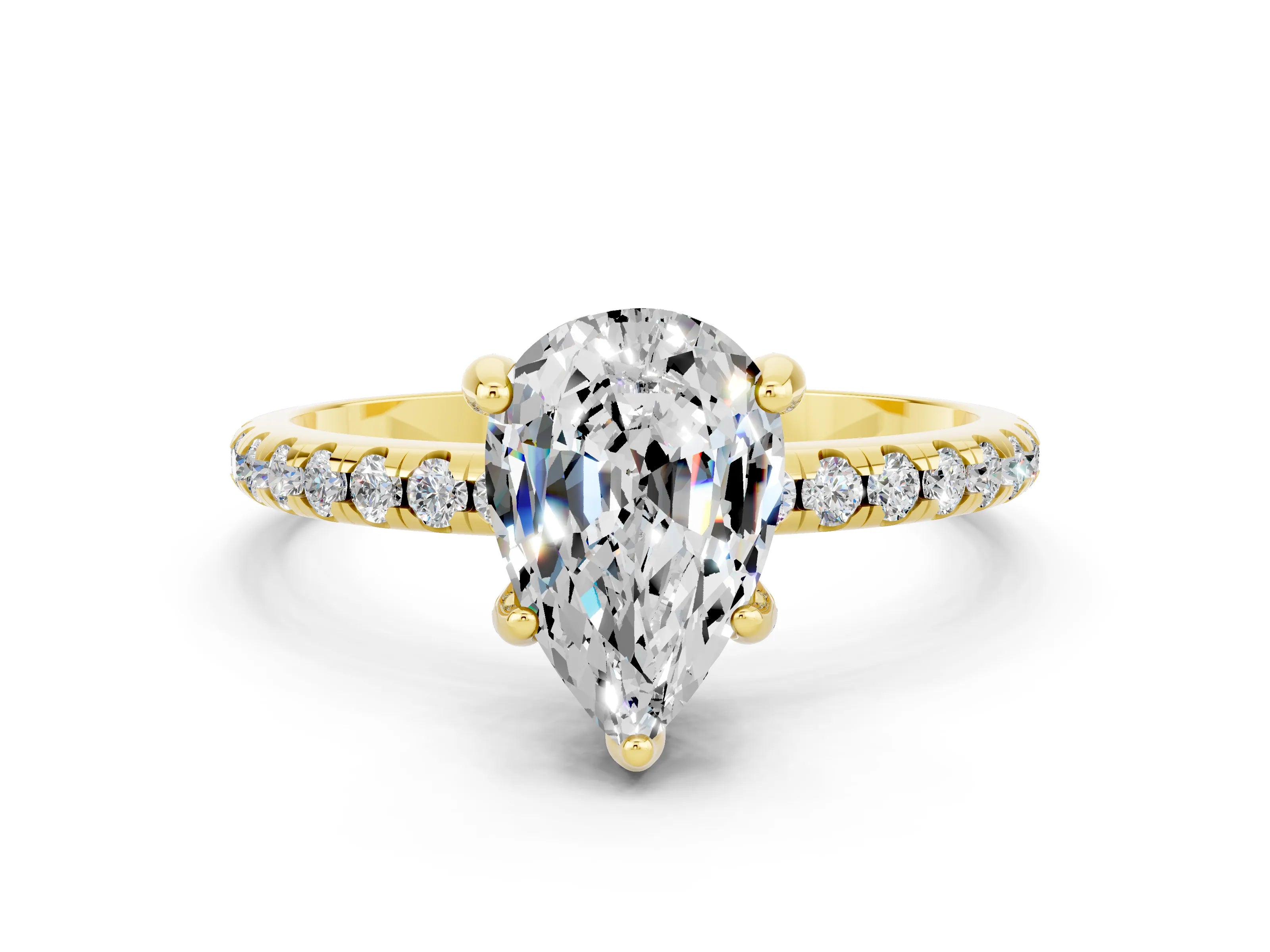 Yellow gold Pear Cut Diamond Solitaire Ring with Four-Prong Setting and Pavé Band