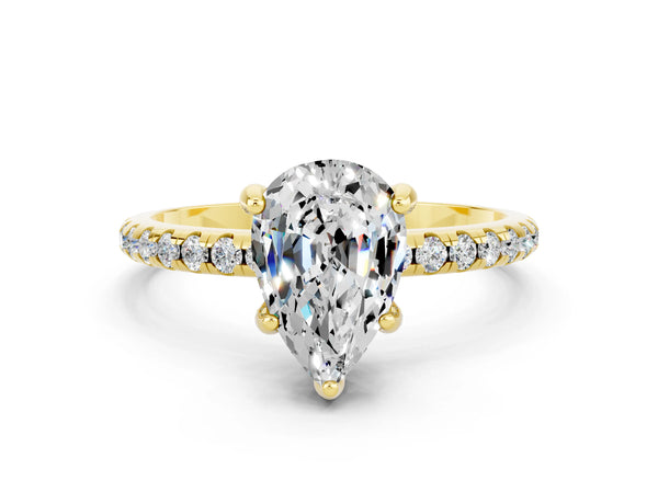 Yellow gold Pear Cut Moissanite Hidden Halo Engagement Ring with Round Pavé Band and Prong Setting