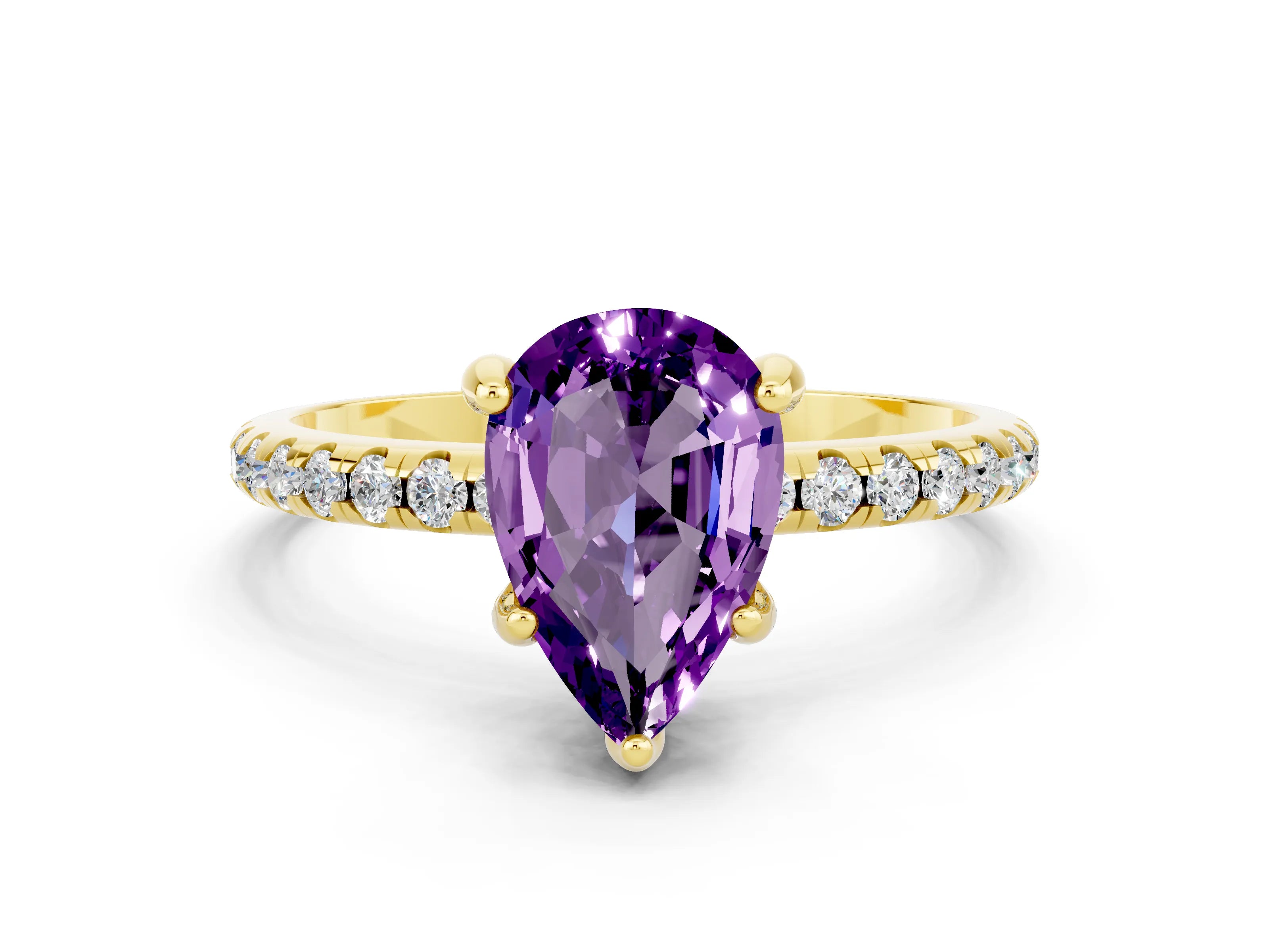 Yellow gold Pear Cut Diamond Solitaire Ring with Four-Prong Setting and Pavé Band