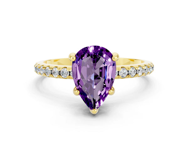 Yellow gold Pear Cut Amethyst Hidden Halo Engagement Ring with Round Pavé Band and Prong Setting