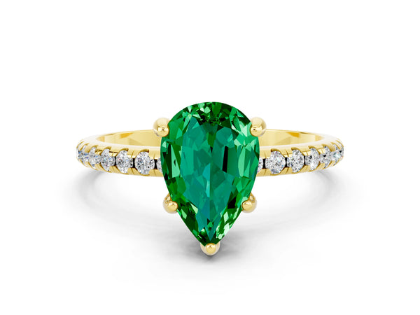 Yellow gold Pear Cut Emerald Hidden Halo Engagement Ring with Round Pavé Band and Prong Setting