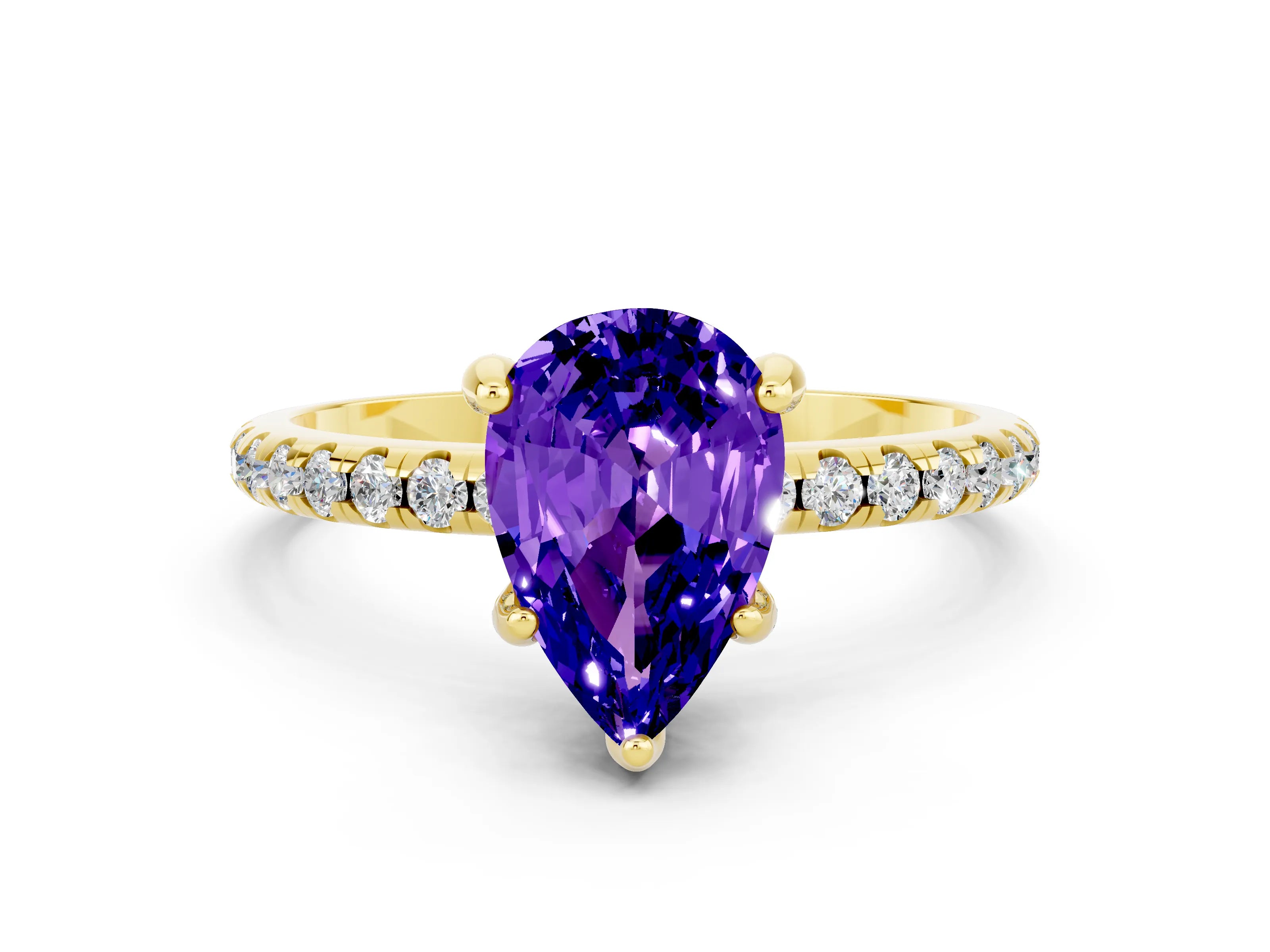 Yellow gold Pear Cut Diamond Solitaire Ring with Four-Prong Setting and Pavé Band