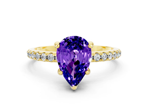 Yellow gold Pear Cut Tanzanite Hidden Halo Engagement Ring with Round Pavé Band and Prong Setting
