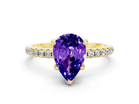 Yellow gold Pear Cut Diamond Solitaire Ring with Four-Prong Setting and Pavé Band