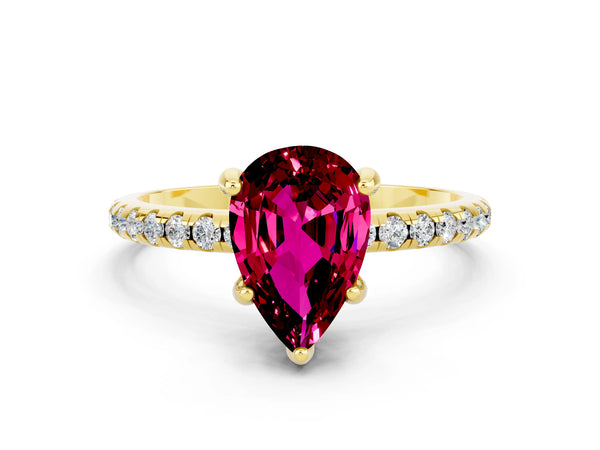 Yellow gold Pear Cut Garnet Hidden Halo Engagement Ring with Round Pavé Band and Prong Setting