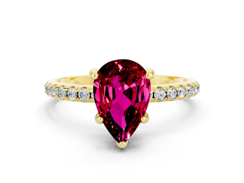 Yellow gold Pear Cut Diamond Solitaire Ring with Four-Prong Setting and Pavé Band