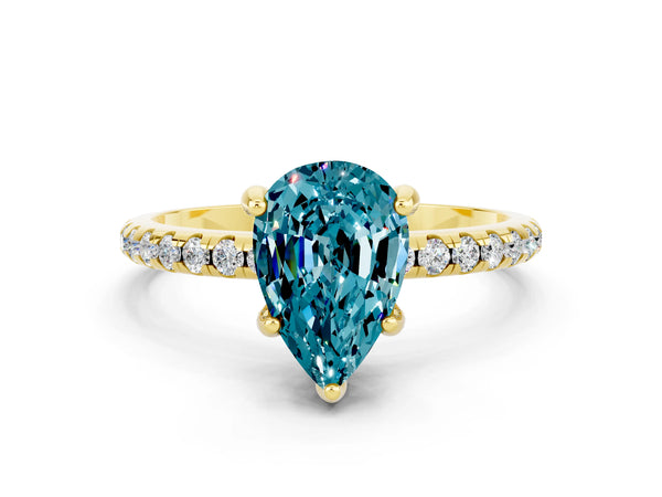 Yellow gold Pear Cut Diamond Solitaire Ring with Four-Prong Setting and Pavé Band