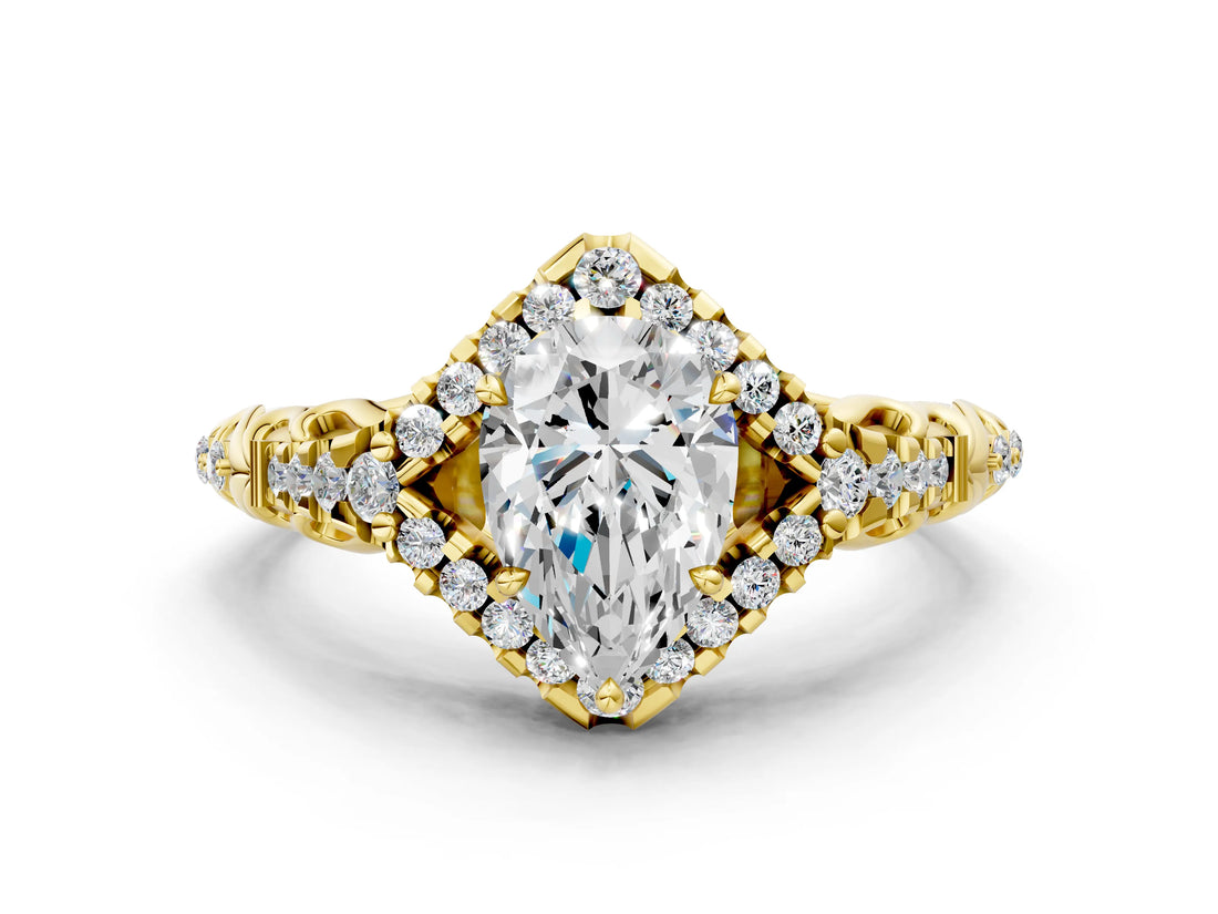 Yellow gold Pear Cut Diamond Solitaire Ring with Hidden Halo and Pavé Band_27