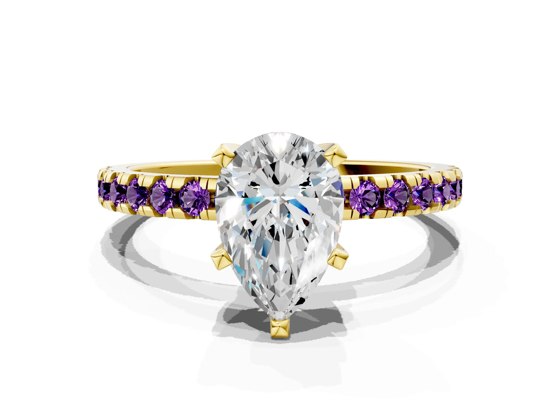 Yellow gold Pear Cut Diamond Solitaire Ring with Pavé Band and Four-Prong Setting
