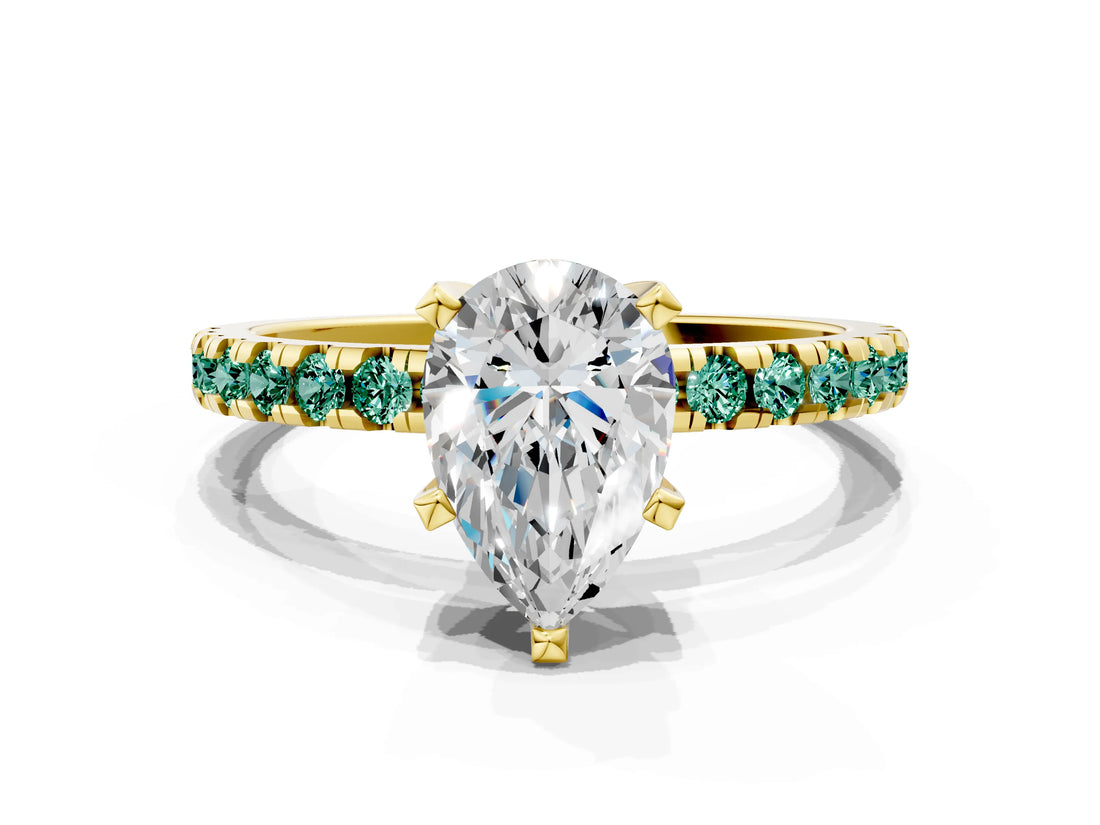 Yellow gold Pear Cut Diamond Solitaire Ring with Pavé Band and Four-Prong Setting