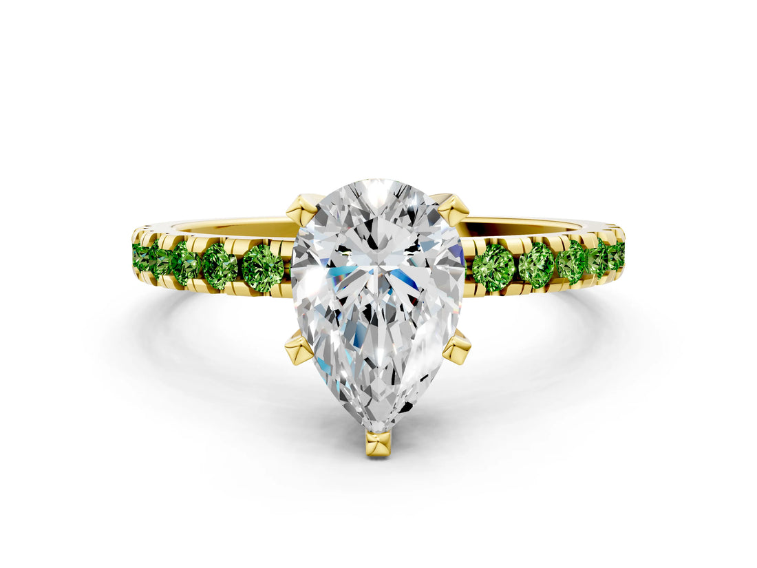 Yellow gold Pear Cut Diamond Solitaire Ring with Pavé Band and Four-Prong Setting