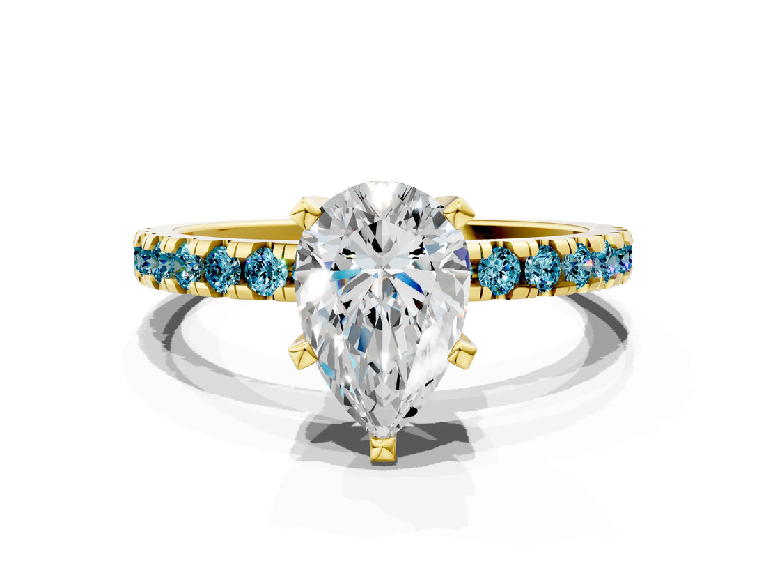 Yellow gold Pear Cut Diamond Solitaire Ring with Pavé Band and Four-Prong Setting