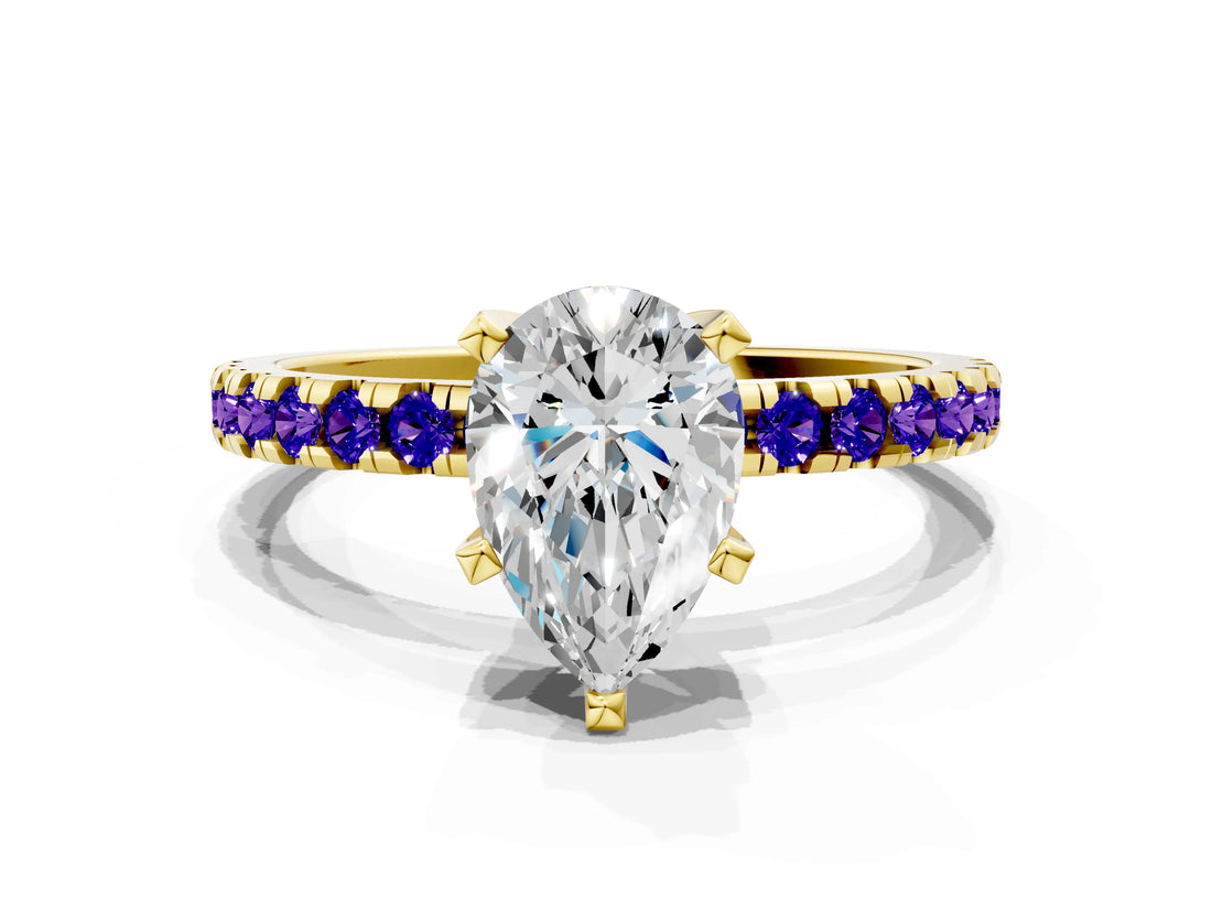 Yellow gold Pear Cut Diamond Solitaire Ring with Pavé Band and Four-Prong Setting