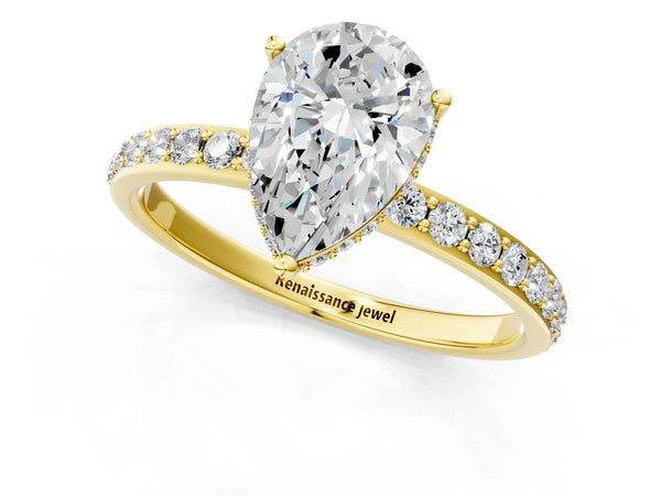 Yellow Gold Pear-Shaped Hidden Halo Engagement Ring Setting with Pave Band