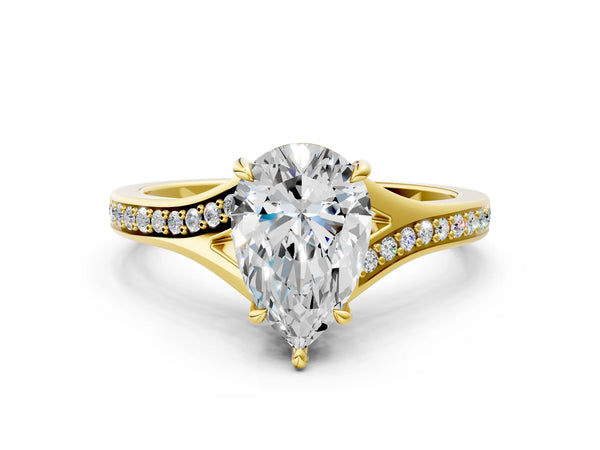 Yellow gold Pear Cut Diamond Solitaire Ring with Pavé Band and Prong Setting