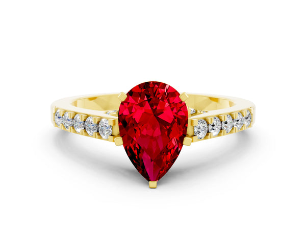 Yellow gold Pear Cut Ruby Solitaire Ring with Crossover Gallery and Round  Pavé Band