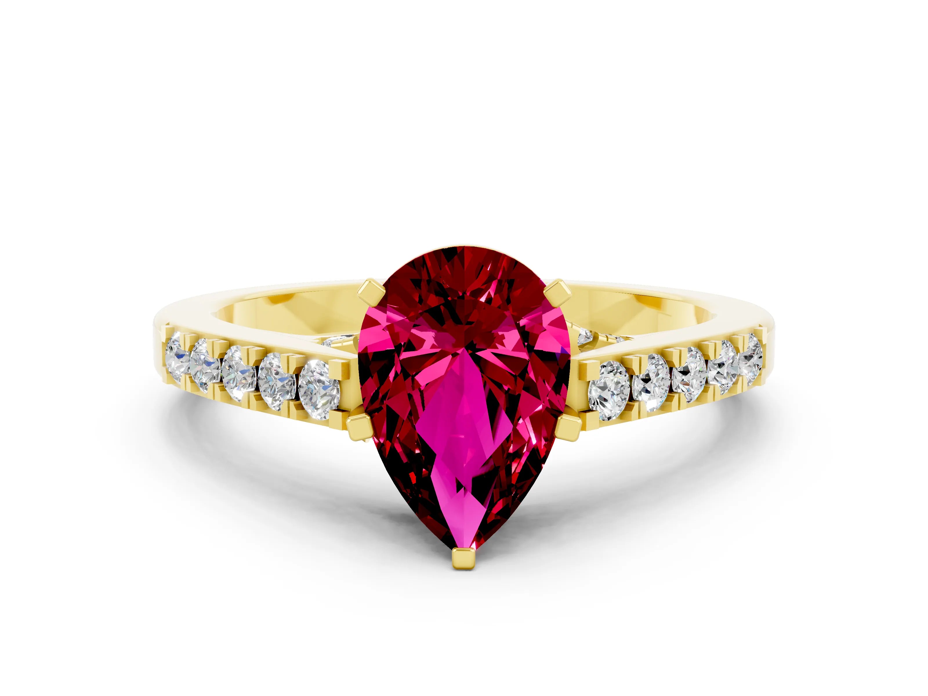 Yellow gold Pear Cut Diamond Solitaire Ring with Pavé Band and Prong Setting