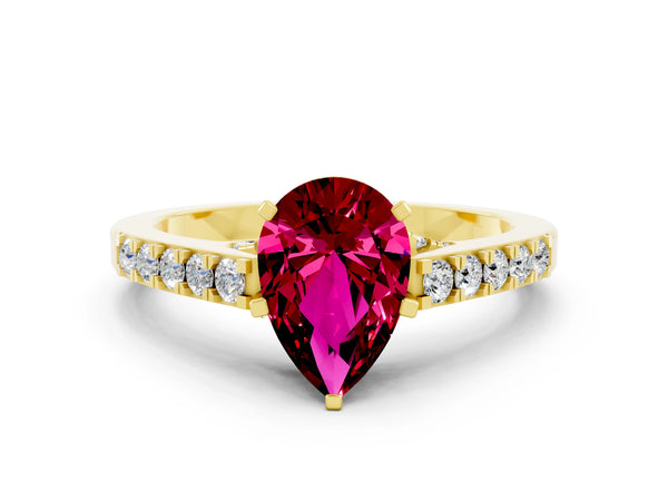 Yellow gold Pear Cut Garnet Solitaire Ring with Crossover Gallery and Round  Pavé Band