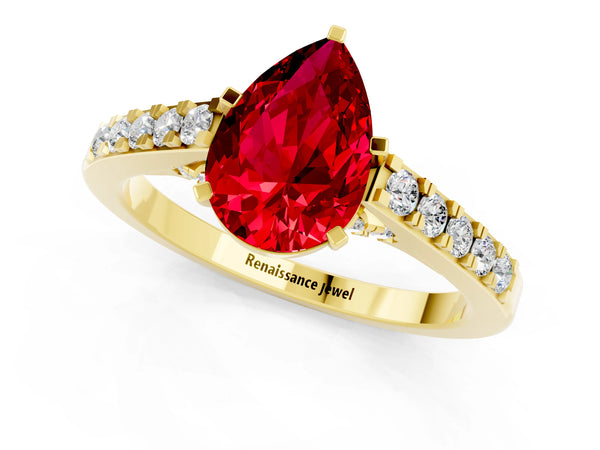 Yellow gold Pear Cut Ruby Solitaire Ring with Crossover Gallery and Round  Pavé Band