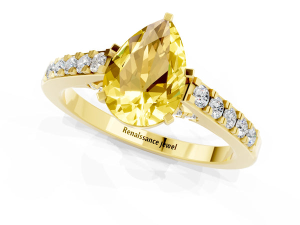 Yellow gold Pear Cut Yellow Sapphire Solitaire Ring with Crossover Gallery and Round  Pavé Band