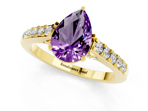Yellow gold Pear Cut Amethyst Solitaire Ring with Crossover Gallery and Round  Pavé Band