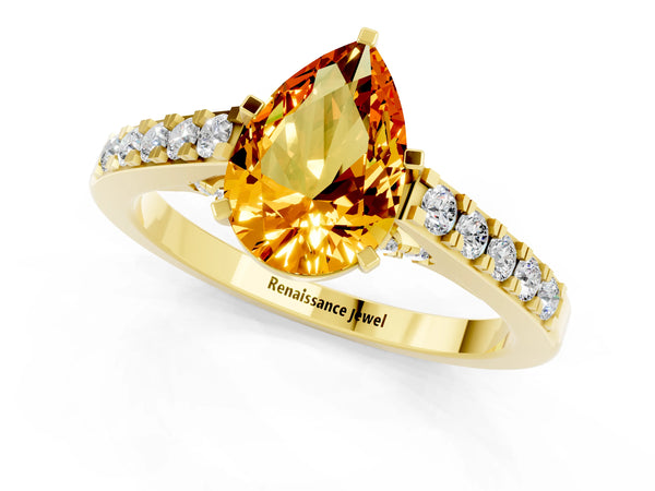Yellow gold Pear Cut Citrine Solitaire Ring with Crossover Gallery and Round  Pavé Band