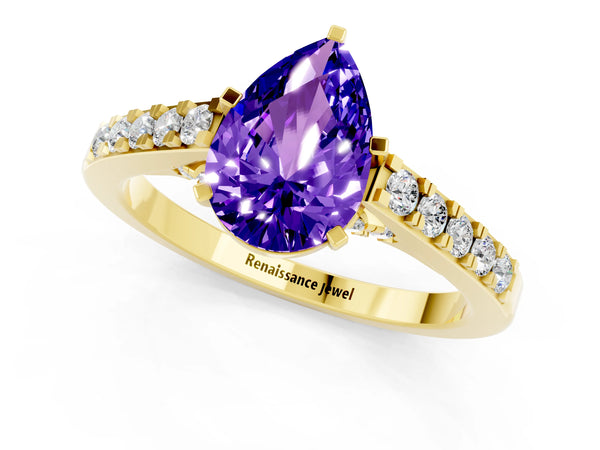 Yellow gold Pear Cut Tanzanite Solitaire Ring with Crossover Gallery and Round  Pavé Band