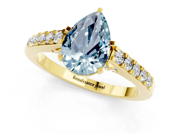 Yellow gold Pear Cut Aquamarine Solitaire Ring with Crossover Gallery and Round  Pavé Band