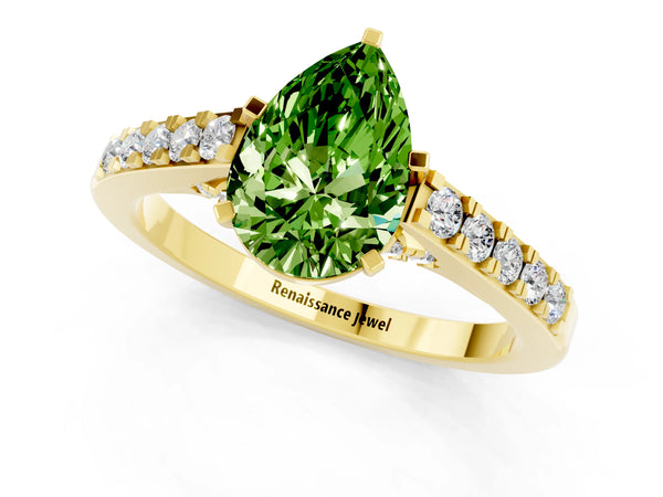 Yellow gold Pear Cut Peridot Solitaire Ring with Crossover Gallery and Round  Pavé Band