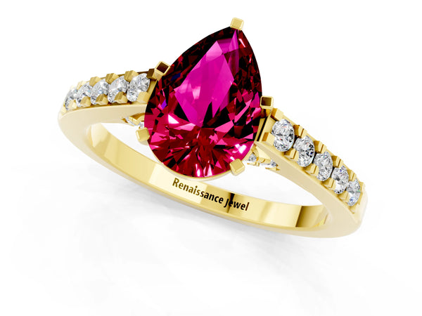 Yellow gold Pear Cut Garnet Solitaire Ring with Crossover Gallery and Round  Pavé Band