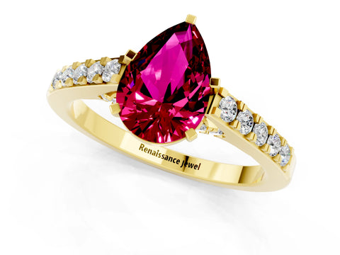 Yellow gold Pear Cut Diamond Solitaire Ring with Pavé Band and Prong Setting_1