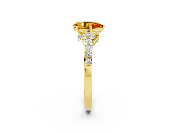 Yellow gold Pear Cut Citrine Solitaire Ring with Crossover Gallery and Round  Pavé Band