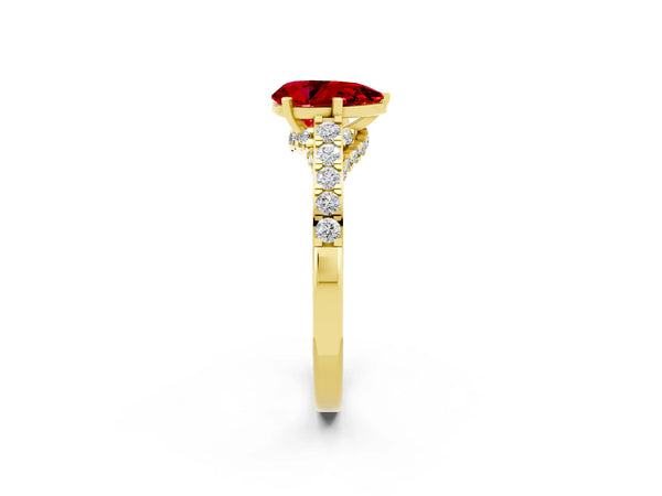 Yellow gold Pear Cut Ruby Solitaire Ring with Crossover Gallery and Round  Pavé Band