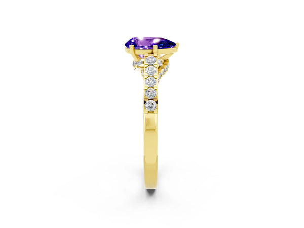 Yellow gold Pear Cut Tanzanite Solitaire Ring with Crossover Gallery and Round  Pavé Band