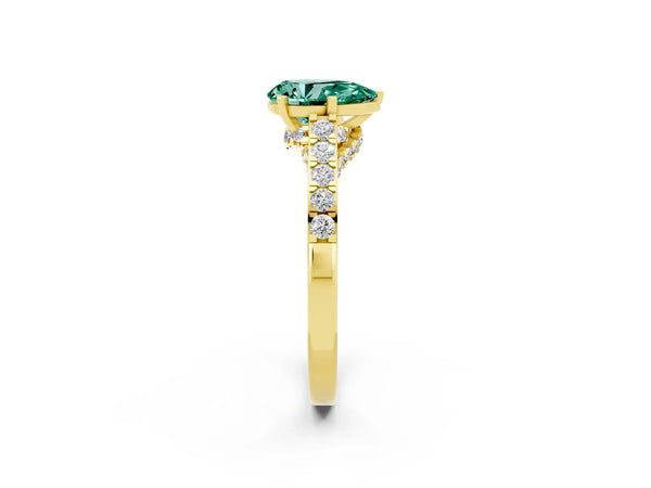 Yellow gold Pear Cut Green Sapphire Solitaire Ring with Crossover Gallery and Round  Pavé Band