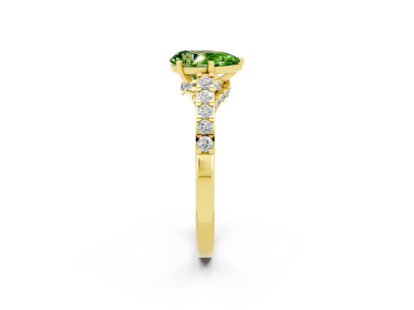 Yellow gold Pear Cut Peridot Solitaire Ring with Crossover Gallery and Round  Pavé Band