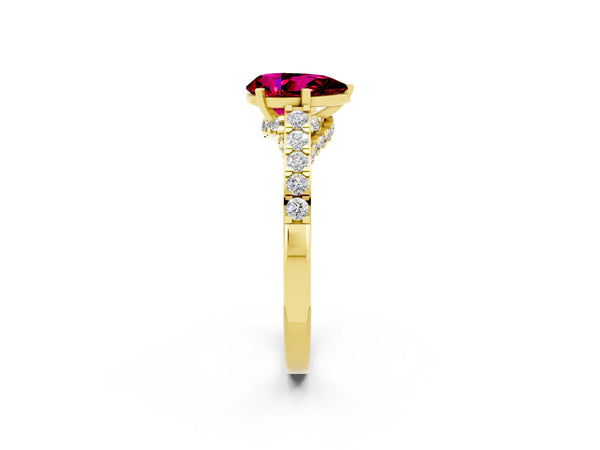 Yellow gold Pear Cut Garnet Solitaire Ring with Crossover Gallery and Round  Pavé Band
