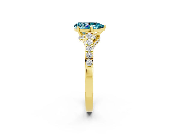 Yellow gold Pear Cut Blue Topaz Solitaire Ring with Crossover Gallery and Round  Pavé Band