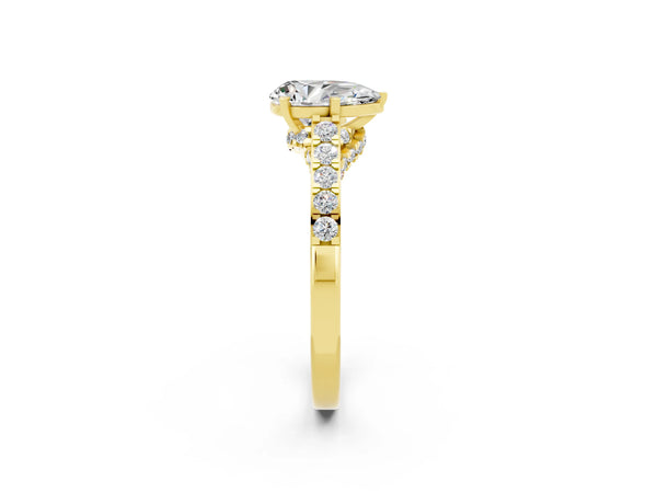 Yellow gold Pear Cut Moissanite Solitaire Ring with Crossover Gallery and Round  Pavé Band
